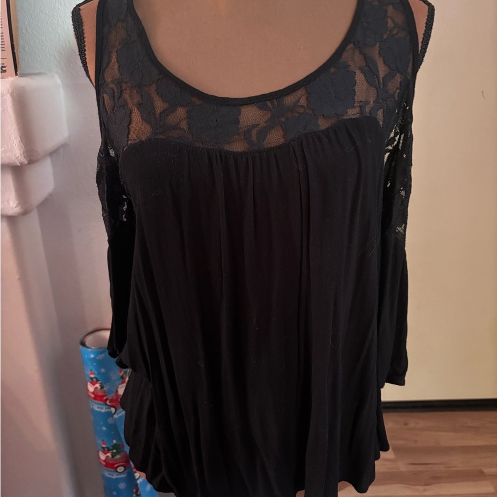 Aqua Black Lace Detail Blouse size medium drop waist with shoulder cut outs.